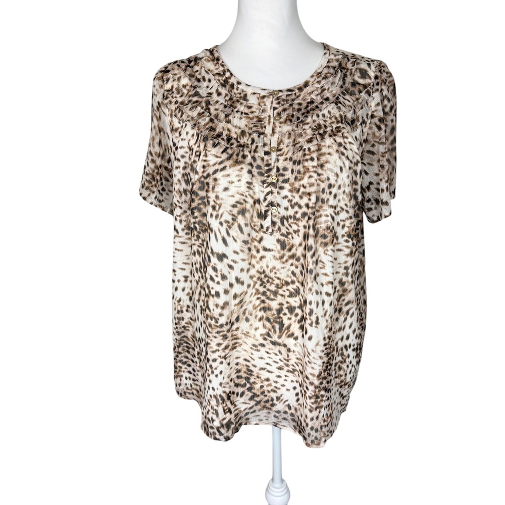 LOFT Leopard Print Ruffle Neck Button Front Chiffon Blouse Brown‎ Large NWT